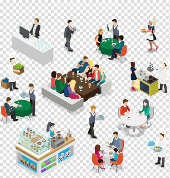 Group of people eating on tables, Isometry Isometric projection, Isometric Restaurant Design transparent background PNG clipart
