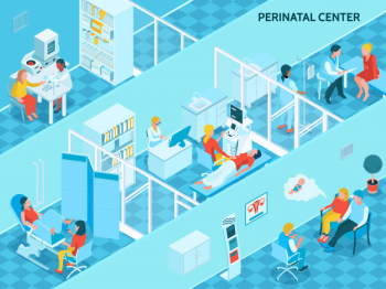 Gynecology and pregnancy  with perinatal center symbols isometric Free Vector