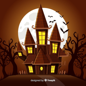 Halloween haunted house background in flat design