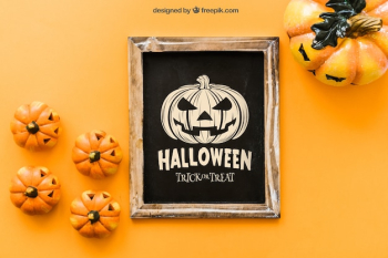 Halloween slate mockup with creepy pumpkins