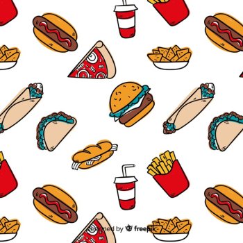 Hand drawn fast food pattern background Free Vector Hand drawn fast food pattern background Free Vector