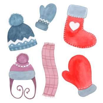 Hand drawn watercolor winter clothing hat, scarf, sock and mitten isolated on white Free Vector