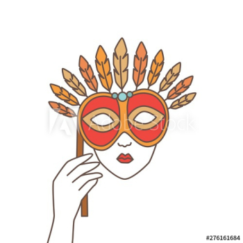Hand holding elegant festive mask and covering face isolated on white background