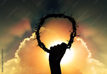 hand of Jesus christ with sky and rising sun, holding crown of thorns, critsão symbol of rebirth, faith and easter