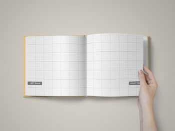 Hand open square book mockup