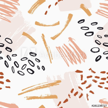 Hand painted seamless pattern with rough motley brush strokes, stains, scribble, spatter on white background