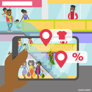 Hands holding tablet with augmented reality application that shows information guide about goods and discounts in shopping mall