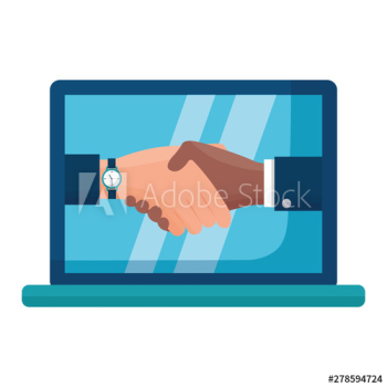 handshake people laptop computer flat design handshake people laptop computer flat design
