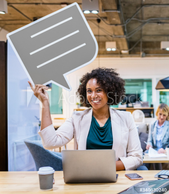 Happy businesswoman with speech bubble Happy businesswoman with speech bubble
