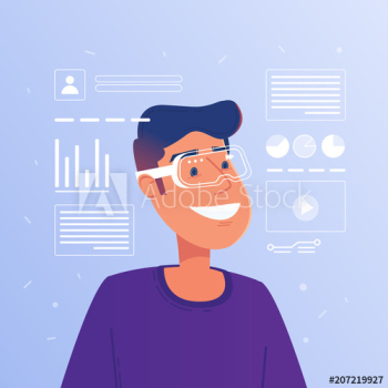 Happy caucasian white man in augmented reality glasses operating hud virtual interface