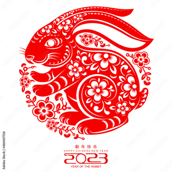 Happy chinese new year 2023 year of the rabbit zodiac sign, gong xi fa cai with flower,lantern,asian elements gold paper cut style on color Background. (Translation : Happy new year)