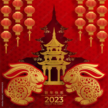 Happy chinese new year 2023 year of the rabbit zodiac sign with flower,lantern,asian elements gold paper cut style on color Background.