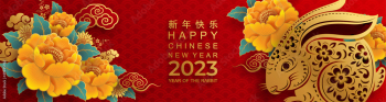 Happy chinese new year 2023 year of the rabbit zodiac sign with flower,lantern,asian elements gold paper cut style on color Background. (Translation : Happy new year)