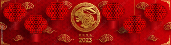 Happy chinese new year 2023 year of the rabbit zodiac sign with flower,lantern,asian elements gold paper cut style on color Background. (Translation : Happy new year)