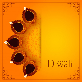 Happy diwali yellow background with decorative diya Free Vector