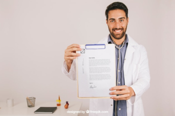 Happy doctor with clipboard in the clinic Happy doctor with clipboard in the clinic