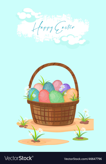 happy easter basket with different easter eggs