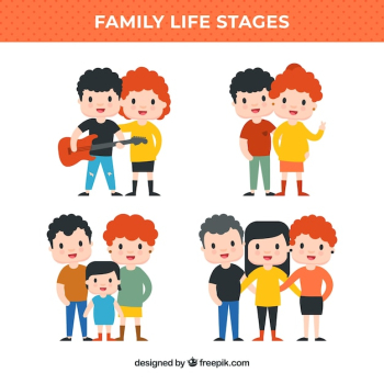 Happy family in different life stages with flat design