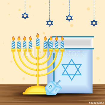 happy hanukkah celebration card with chandelier and koran