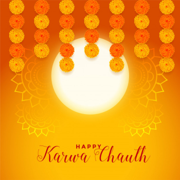 Happy karwa chauth festival card with full moon and marigold flower Free Vector