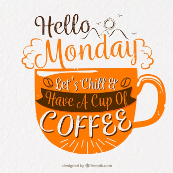 Happy monday, orange letters with a cup of coffee