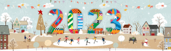 Happy New Year 2023 card,Vector Winter landscape in city with people celebrating on Chritsmas Eve.Winter wonderland in the town with happy kids playing ice skating in the city park 