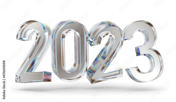 happy new year 2023 glass letter with chromatic aberration refraction dispersion 3d illustration isolated