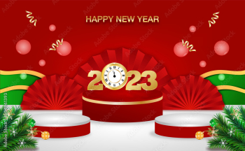 Happy new year green and red colors place emtry poduim for product with christmas balls 2023 of vector illustration.