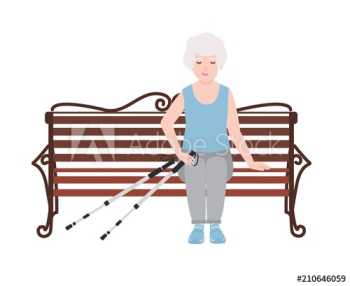 Happy old women dressed in sports clothing sitting on bench with poles for nordic walking
