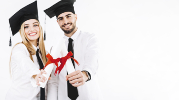 Happy people standing with diplomas Happy people standing with diplomas