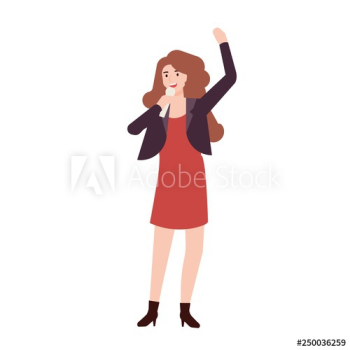 Happy smiling woman singer, rock or pop vocalist wearing dress and singing in microphone