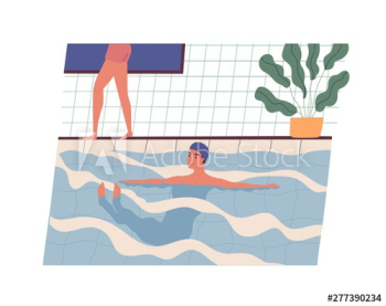 Happy smiling young man wearing swim cap swimming in pool Happy smiling young man wearing swim cap swimming in pool