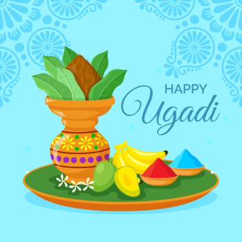 Happy ugadi indian vase with powder and bananas Free Vector Happy ugadi indian vase with powder and bananas Free Vector