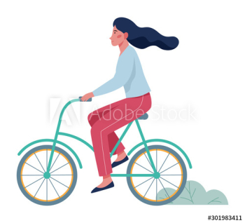 Happy young woman ride bicycle side view Happy young woman ride bicycle side view
