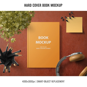 hard cover book mockup with headphones