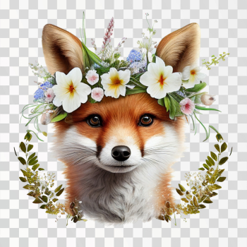 head cute baby fox with floral ornament in PNG transparent background