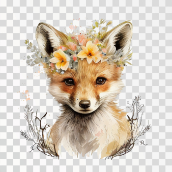 head cute baby fox with floral ornament in PNG transparent background