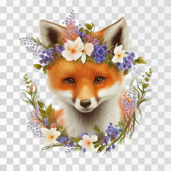 head cute baby fox with floral ornament in PNG transparent background