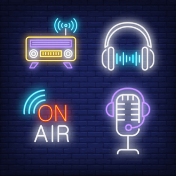 Headphones, radio and microphone neon signs set Headphones, radio and microphone neon signs set