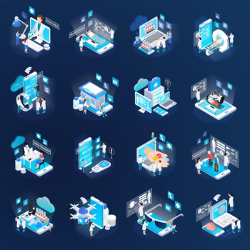 Health telemedicine glow isometric icons collection with mobile electronic devices remote tests virtual doctor isolated Free Vector