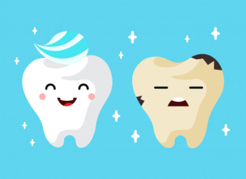 Healthy and unhealthy sad tooth cartoon characters. 