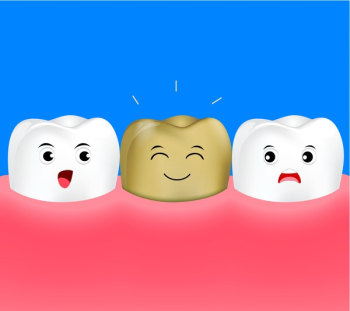 Healthy cartoon tooth with golden tooth. Metal crowns. dental care concept. Illustration isolated on blue background.