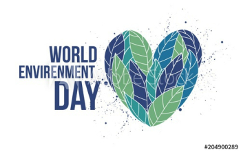 Heart made of blue and green leaves and World Environment Day lettering written with elegant calligraphic font