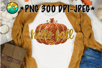 Hello Fall - Pumpkin - Glitter - PNG for Sublimation & JPEG