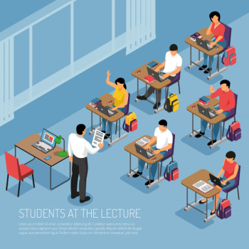 Higher education students taking notes at tutorial lecture participating in seminar seminar classes isometric composition vector illustration Free Vector