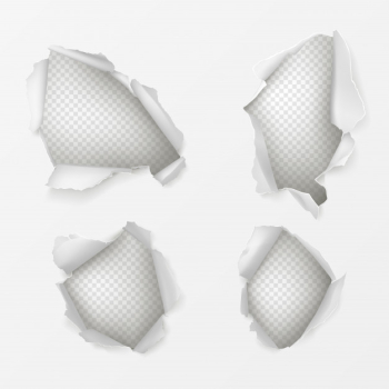 Holes in white paper sheet realistic set Holes in white paper sheet realistic set