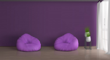 Home, apartment living room realistic vector violet, purple interior. empty wall, two bean bag chairs on floor, plants in ceramic flowerpots on metallic stand, curtained with white tulle window Free Vector