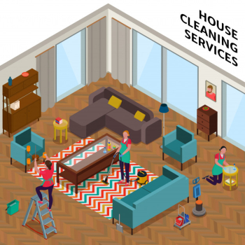 Home cleaning services composition with women workers during tidying up of apartment isometric Free Vector