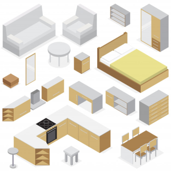 Home furniture isometric set of elements for kitchen bedroom and living room interior isolated Free Vector