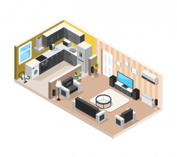 Home interior isometric design concept with kitchen living room and household appliances Free Vector